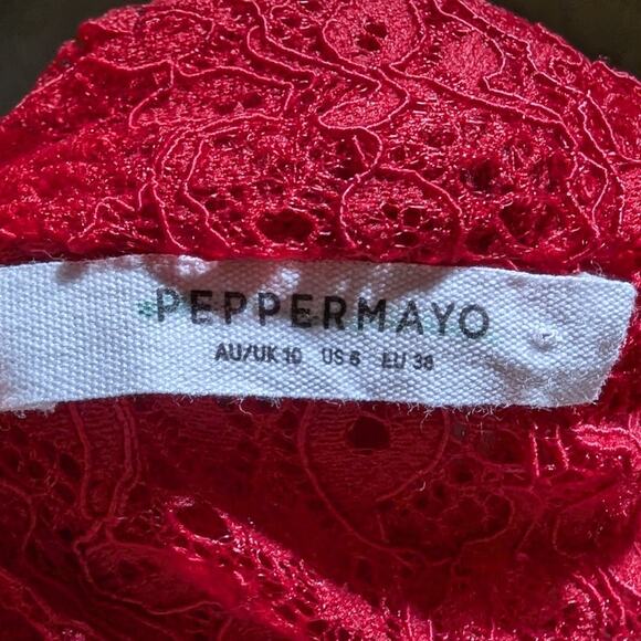 Peppermayo Elysia Cherry Red Lace Draped Cowl Neck Open Back Maxi Dress Sz 6 - Picture 5 of 7